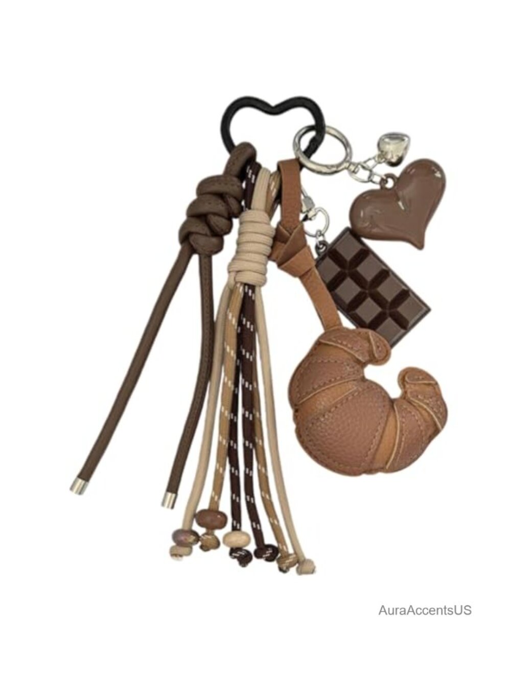 Leather Croissant Keychain with Chocolate & Heart Charms Food-Themed Bag Charm